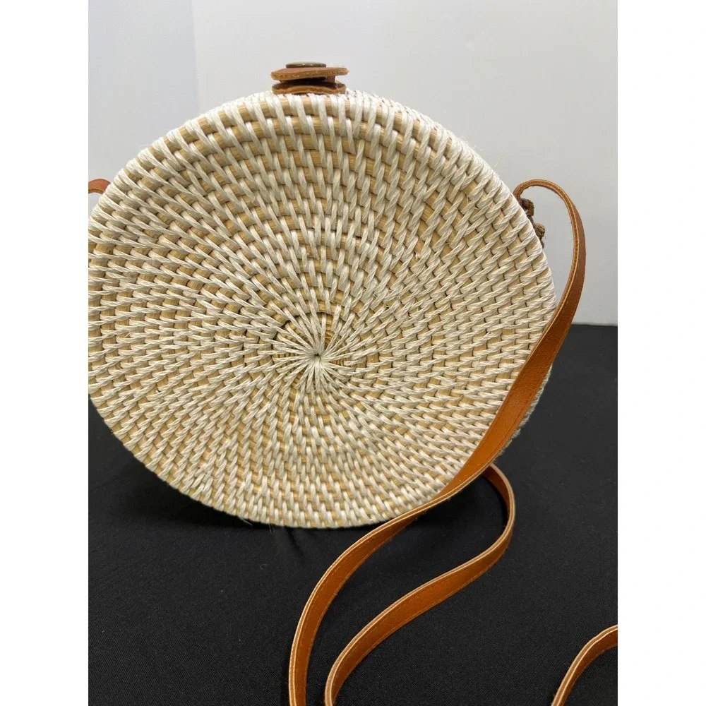 Tropical Floral Round Woven Rattan Crossbody Bag Hibiscus Monstera Straw Purse